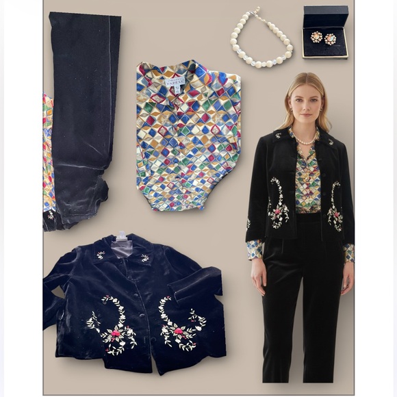 Embroidered Black Velvet Jacket with Colorful Geometric Shirt & DIOR Pants